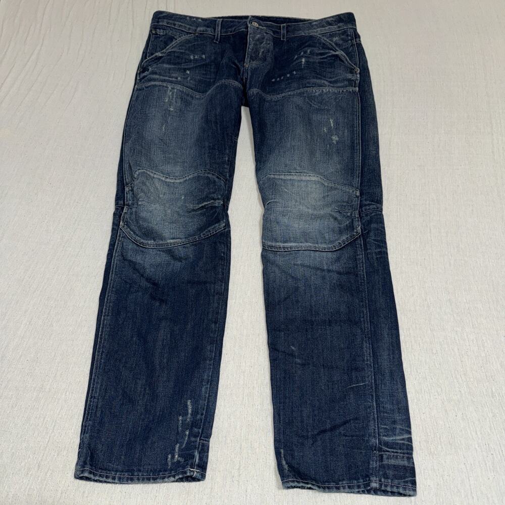 G Star Raw Low Tapered Double Knee Dark Wash Faded Blue Jeans 36x32 Distressed
